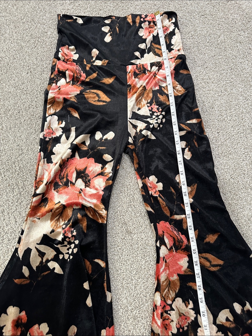 Black Floral Stretch Velvet Flare Pants - Picture 5 of 8